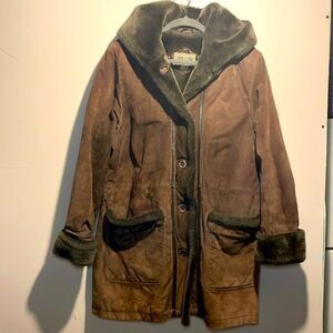 FITZ-WRIGHT- Vintage Genuine Leather Dark Brown Jacket w/ Faux Fur Hood- Size S